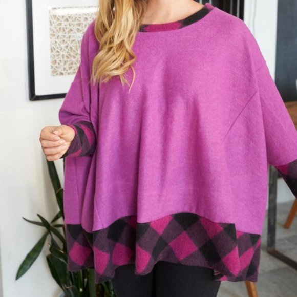 white birch Sweaters - 7. Pink and Black Fleecy Sweater with Plaid‎ Accents